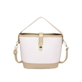 Chic woven bucket bag with white texture, khaki leather trim and gold twist lock - Khaki