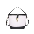 Elegant white bucket bag with black trim, woven texture, and gold metal clasp closure - Black
