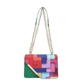 Chic multi-color geometric block print shoulder bag with gold chain strap for women - Green
