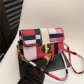 Crossbody bag with multi-color geometric panels and a gold buckle strap - Multicolor Patchwork Geometric (Style 1)