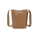 Brown litchi grain leather bucket bag with metallic snap closure and adjustable strap - Khaki