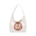 Off-white canvas hobo tote bag featuring a brown leather embossed XY WG logo patch - White