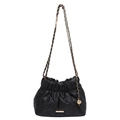 Black quilted leather bucket bag with gold chain strap and drawstring closure design - Black