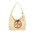 Beige canvas crescent tote bag with a brown leather logo patch and embossed letters - Yellow