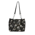 Grande borsa shopper con stampe floreali a teschio retrò e catena in argento - 31cmx26.5cmx12cm / Nero