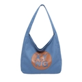 Bolso tote de lona azul niebla de gran capacidad con letras y parche de cuero - Azul