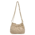 Beige quilted PU leather bucket bag with gold chain strap and elegant drawstring design - Khaki