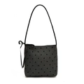 Gray bucket bag with black polka dots and decorative satin ribbon bow detailing - Dark Gray Polka Dot Bow