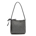 Gray bucket shoulder bag with black heart prints and a decorative ribbon bow accent - Gray With Black Hearts