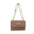 Quilted beige chain crossbody bag with gold bow clasp and geometric stitching details - Khaki