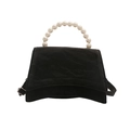 Elegant black suede handbag with pearl handle and adjustable strap on white background - Black