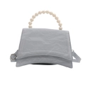 Light blue pleated fashion handbag with decorative large pearl handle and adjustable strap - Blue