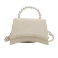 Fashionable cream white trapezoid handbag featuring unique pearl handle and leather strap - White