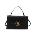Minimalist black matte leather trapezoid handbag with gold round lock and shoulder strap - Black