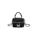 Black quilted mini box bag with silver metal butterfly and chain strap for women - Black