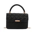 Quilted black leather handbag with woven handle and gold chain strap on white background - Black