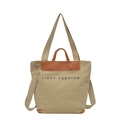 Khaki canvas tote bag with brown leather accents and Light Fashion printed text - Khaki