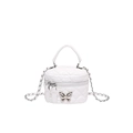 White quilted mini box bag with silver butterfly charm and chain shoulder strap - White