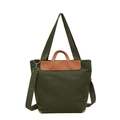 Olive green canvas tote bag with brown leather trim and Light Fashion print - Army Green