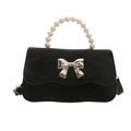Elegant black velvet handbag featuring pearl handle and metallic butterfly bow decor - Black
