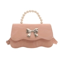 Pink marble texture small square bag with pearl handle and silver bow detail - Pink
