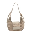 Beige Halbmond-Tasche mit Webstruktur, Leder-Details und goldenem Metallverschluss - Weiß