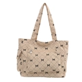 Grote beige corduroy shopper met zwarte strikpatronen en gewatteerde stiksels - Broken Wit