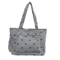 Gray corduroy tote bag featuring quilted diamond pattern and black bowknot details - Blue