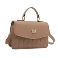 Schicke hellbraune PU-Leder Handtasche mit weißem Schmetterling und V-Steppung - Khaki