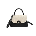 Elegant contrast weave handbag with black leather trim and woven herringbone flap detail - Black