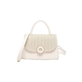 Beige contrast patchwork woven crossbody bag with elegant top handle and metal buckle - White