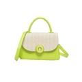 Neon green and straw woven handbag with circular buckle and detachable shoulder strap - Green