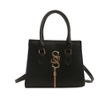 Minimalist black faux leather handbag with golden SSS logo and metallic fringe detail - Black