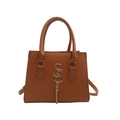 Chic brown faux leather handbag with golden S logo and elegant metal chain tassel - Brown