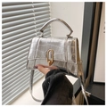 Detail of silver crocodile pattern mini handbag featuring sleek metallic finish and gold clasp - Silver