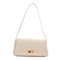 Minimalist cream white shoulder baguette bag with gold metal twist lock closure - White