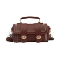 Brown vintage faux leather baguette bag with dual lock buckles and printed strap - Brown