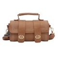 Brown faux leather cylindrical handbag with wide strap and decorative stitching - Khaki