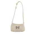 Creamy white leather underarm bag with silver bow ornament and transparent bead charms - White