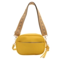 Bright yellow camera bag in lychee leather with a bohemian geometric jacquard strap - Yellow