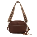 Dark brown pebbled leather crossbody bag with ethnic jacquard strap and fringe detail - Brown