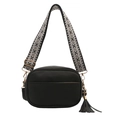 Black pebbled leather camera bag with a geometric woven strap and fringe tassel charm - Black