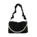 Minimalist black velvet ruched cloud handbag with decorative oversized pearl chain strap - Black