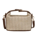 Straw woven crossbody shoulder bag with brown leather trim and golden twist lock - Brown
