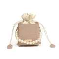 Borsa a secchiello in tessuto kaki con manico di perle e chiusura con coulisse in pelle - Cachi