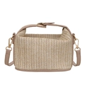 Straw weave handbag in cream with brown leather trim and detachable shoulder strap - Khaki