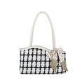 Elegant black and white plaid tote bag with leopard silk bow and white leather handles - White