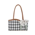 Classic black and white plaid tweed shoulder bag with brown leather handles and silk scarf - Brown
