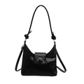 Elegante borsa a spalla in pelle PU nera con fiocco in metallo argento e tracolla a nodo - Nero