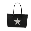 Fashionable black nylon tote bag with large white star print and metallic knot handles - Black